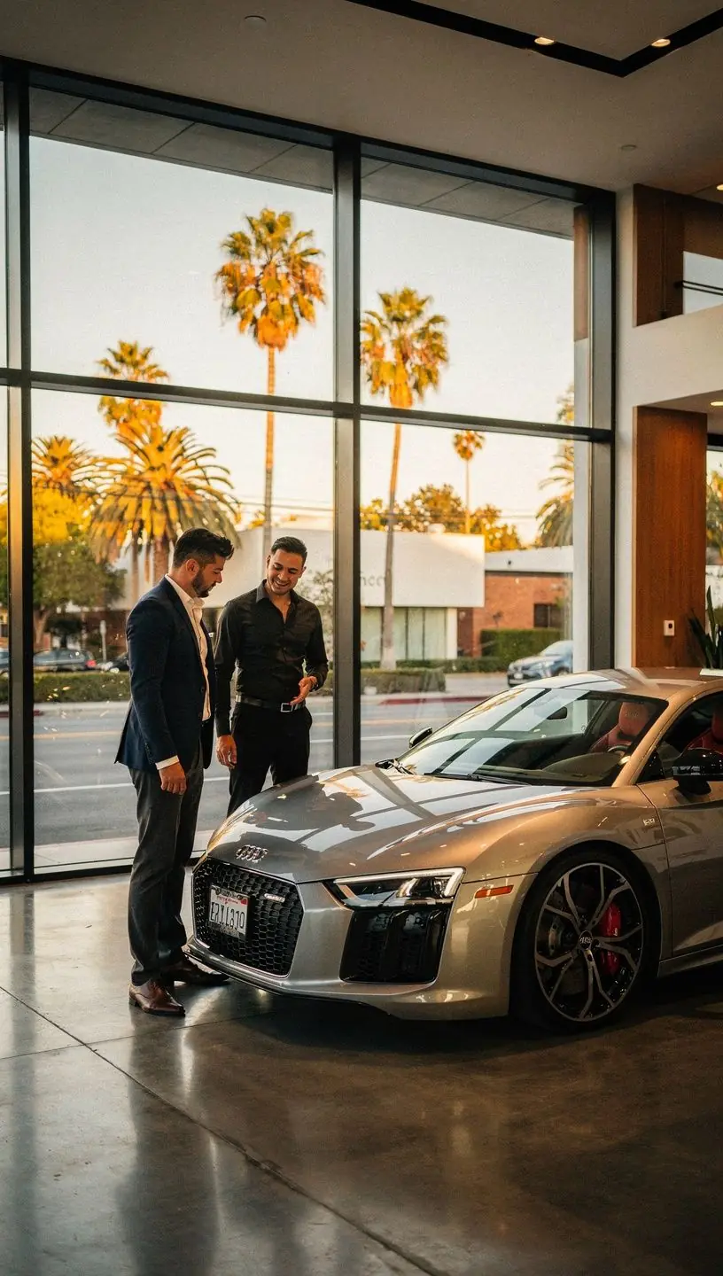 Exterior view of a modern Los Angeles luxury car service boutique specializing in European and premium brands with sleek vehicles parked outside